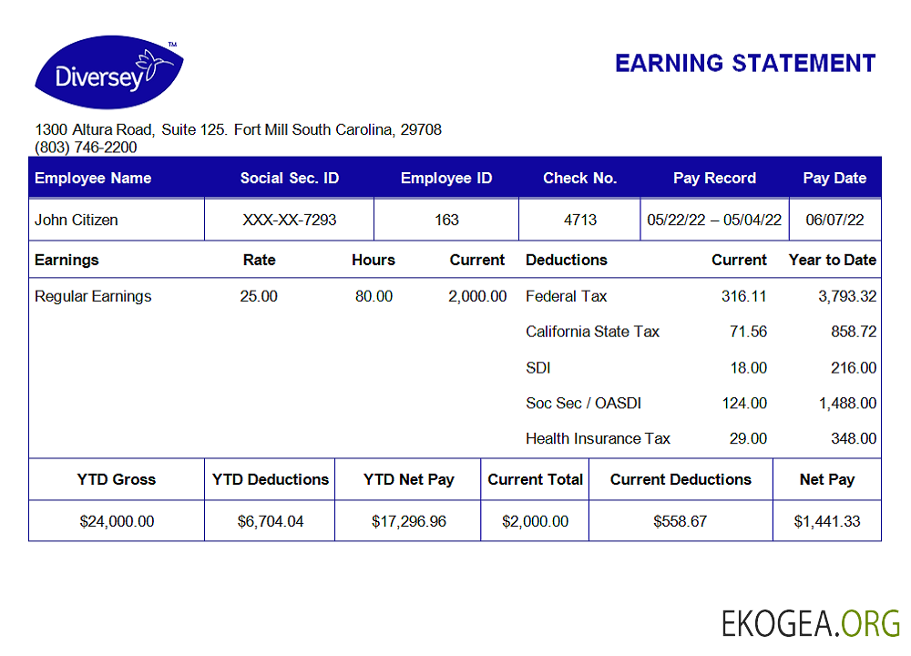 Bulletin de salaire d'une entreprise d'articles ménagers Diversey aux États Unis